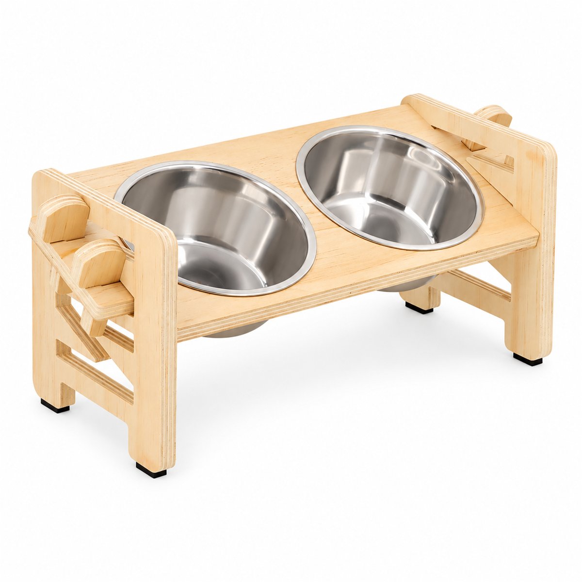 Comedero elevado de madera con 2 cuencos